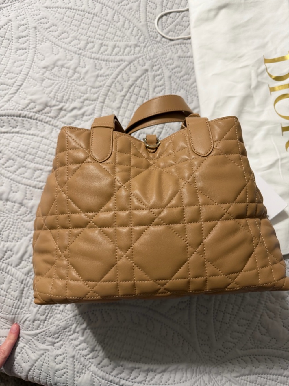 Dior Tan Quilted Tote with Matching Pouch and Gold Charm - Picture 3 of 10